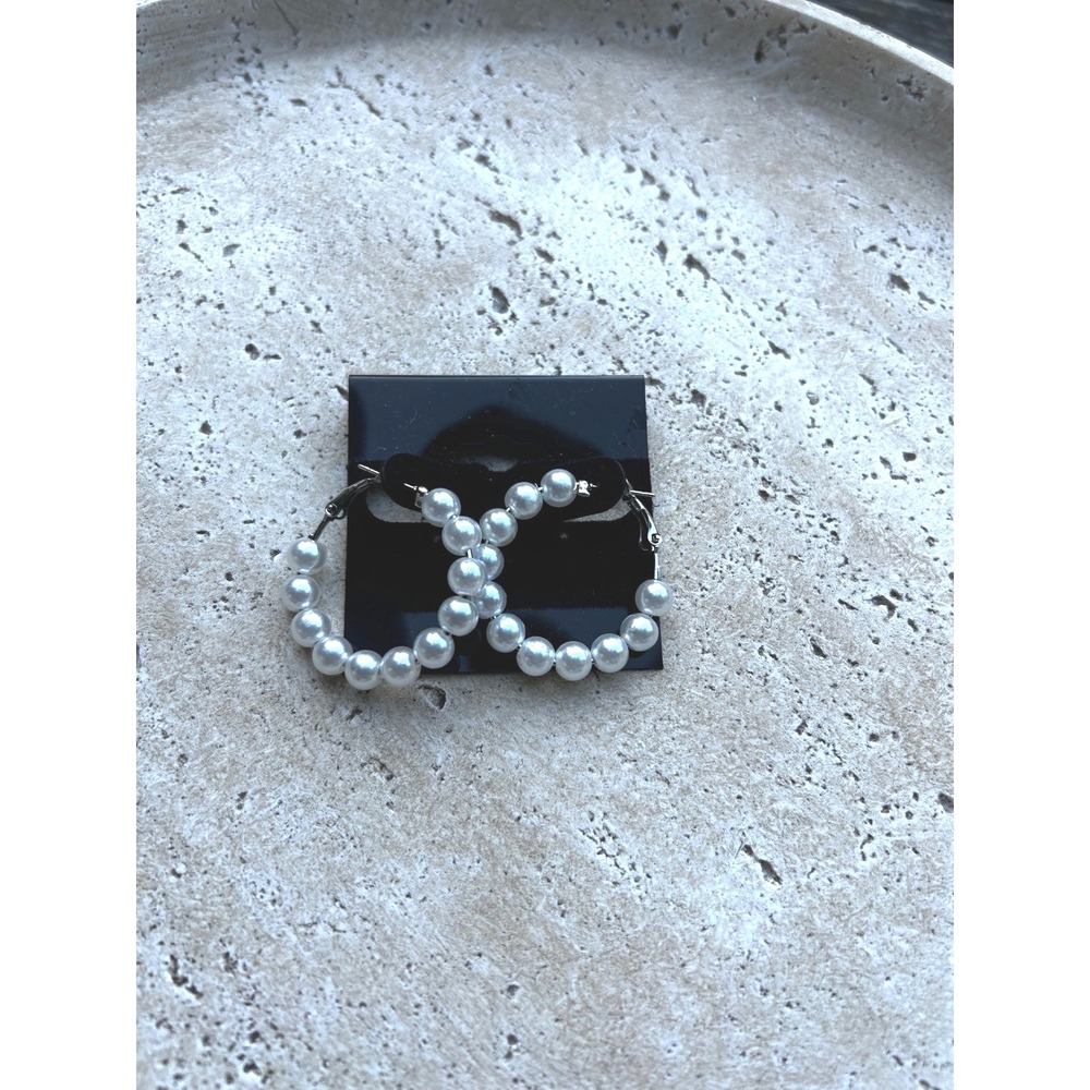 Faux Pearl Hoop Earrings Silver Tone White Beaded Medium 1 Inch Round Latch Back